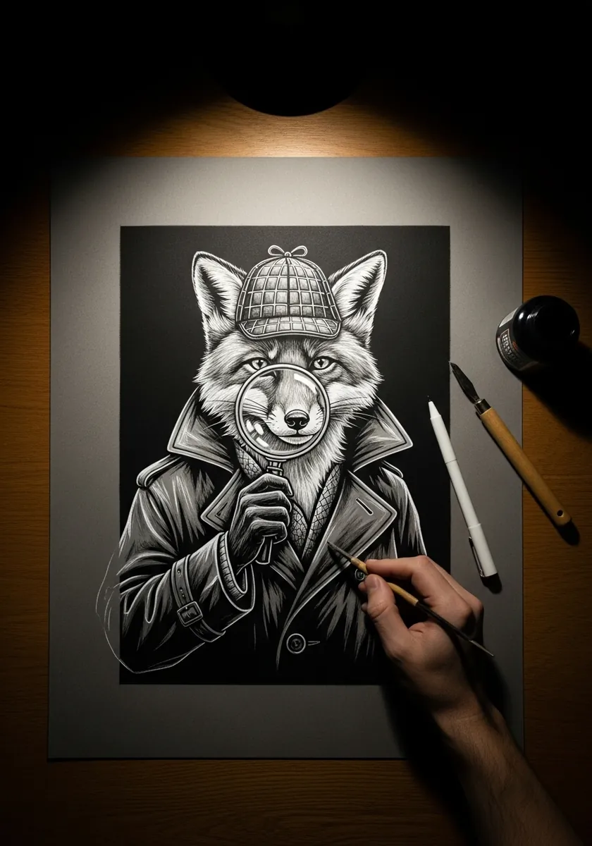 Graphite fox detective in a deerstalker hat holding a magnifying glass