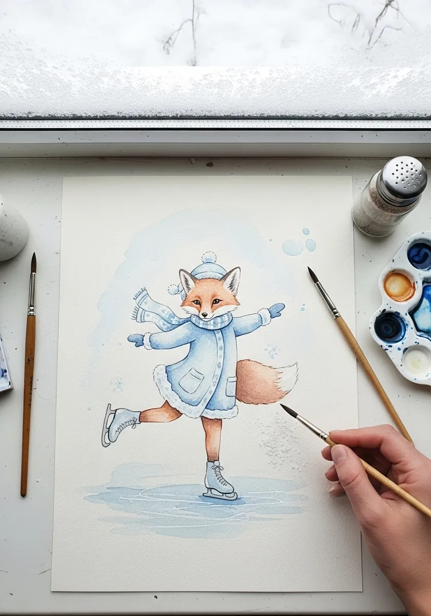 Soft watercolor fox in a blue winter coat and scarf skating on ice