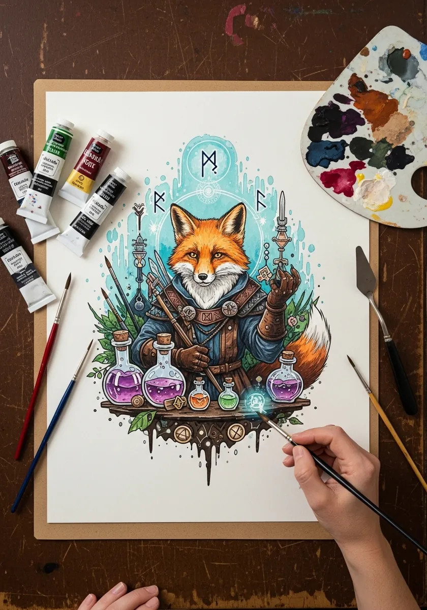 Detailed fox alchemist surrounded by glowing colored potion bottles