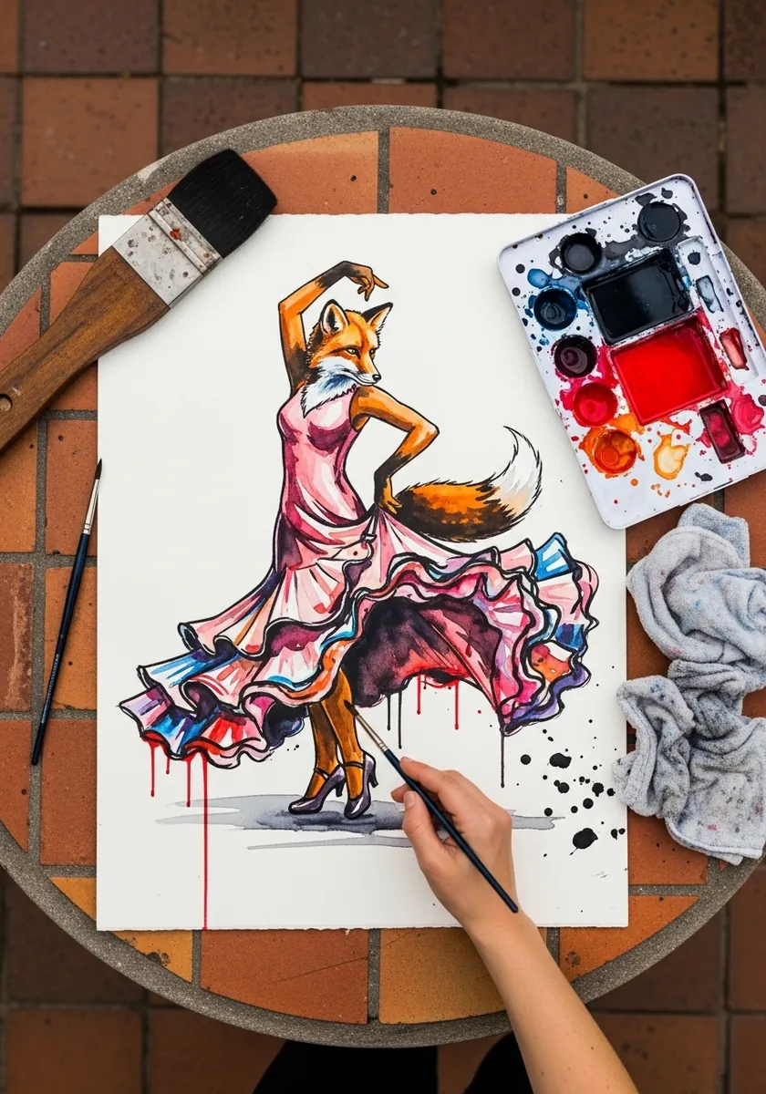 Expressive ink and watercolor fox in a ruffled pink flamenco dress mid pose