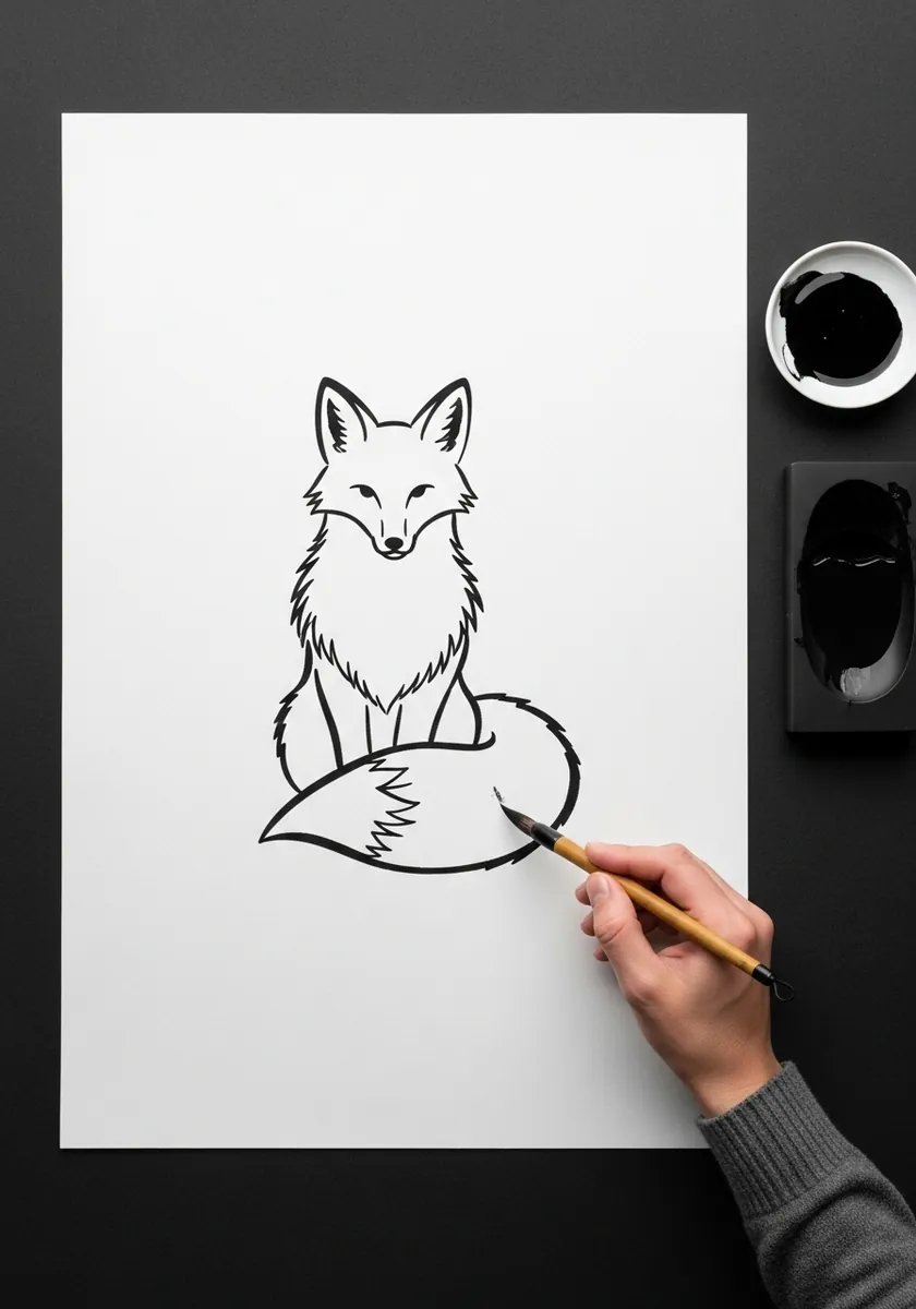 Single continuous black brush line drawing of a sitting fox on white paper