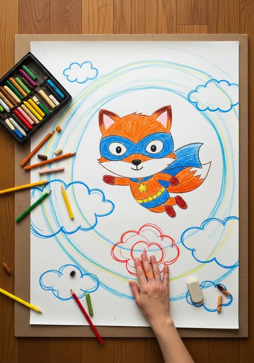 Child style crayon drawing of a fox superhero in a mask and cape flying