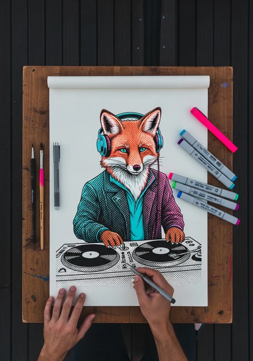 Colorful marker fox in a patterned jacket wearing headphones at turntables