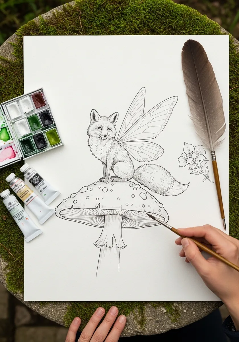 Fine line fox with translucent insect wings perched on a spotted mushroom