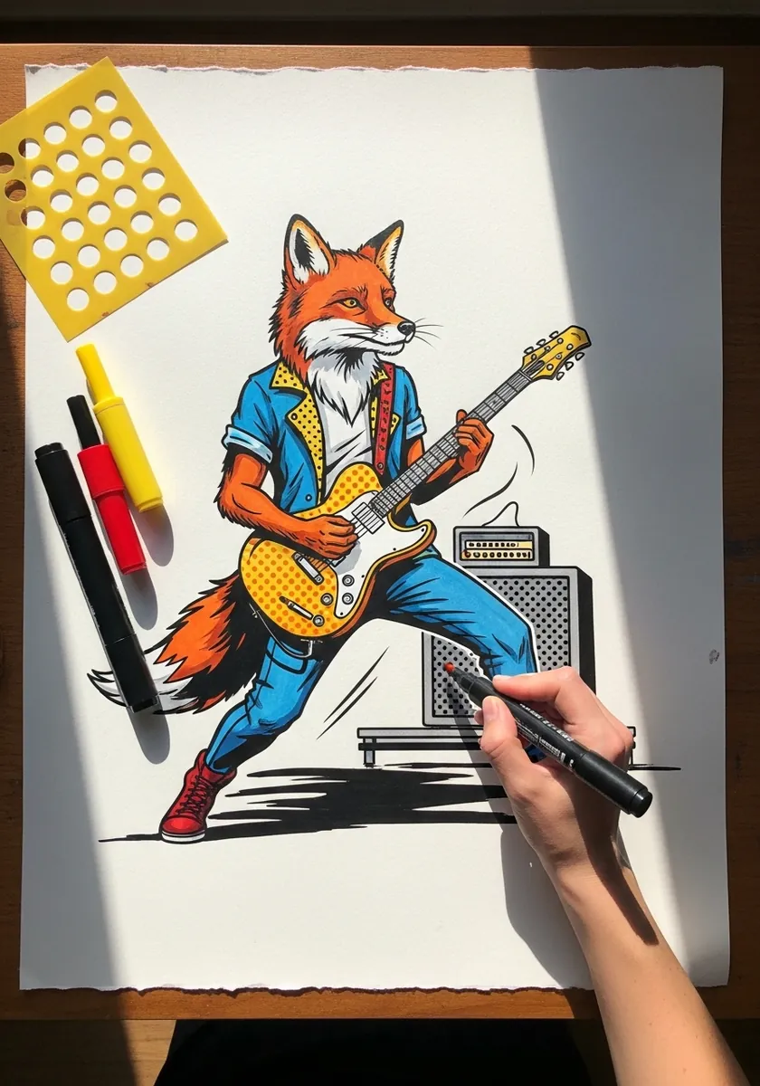 Bold comic fox playing an electric guitar with an amplifier behind