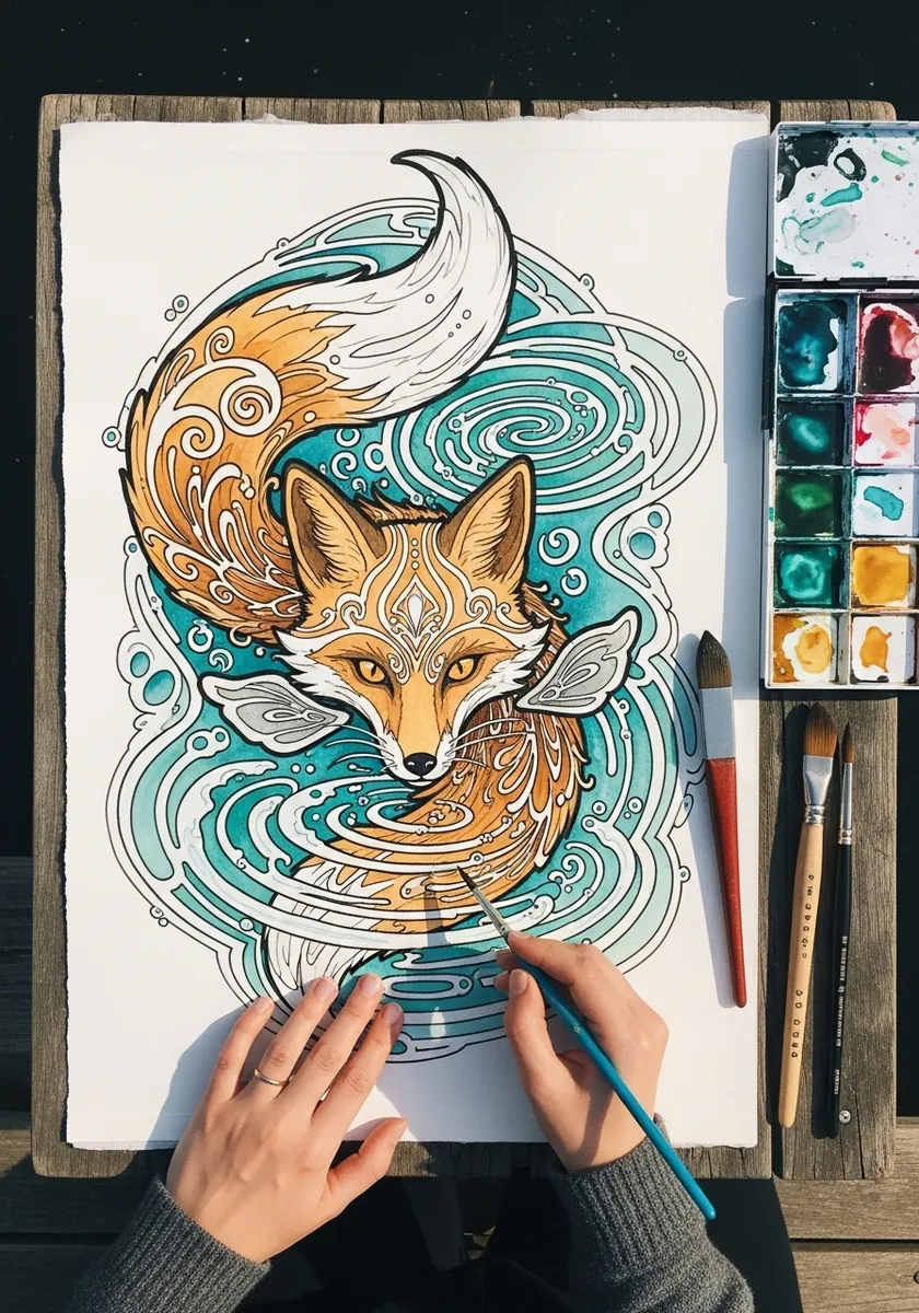 Ornate fox with flowing decorative tails in teal and gold swirling patterns