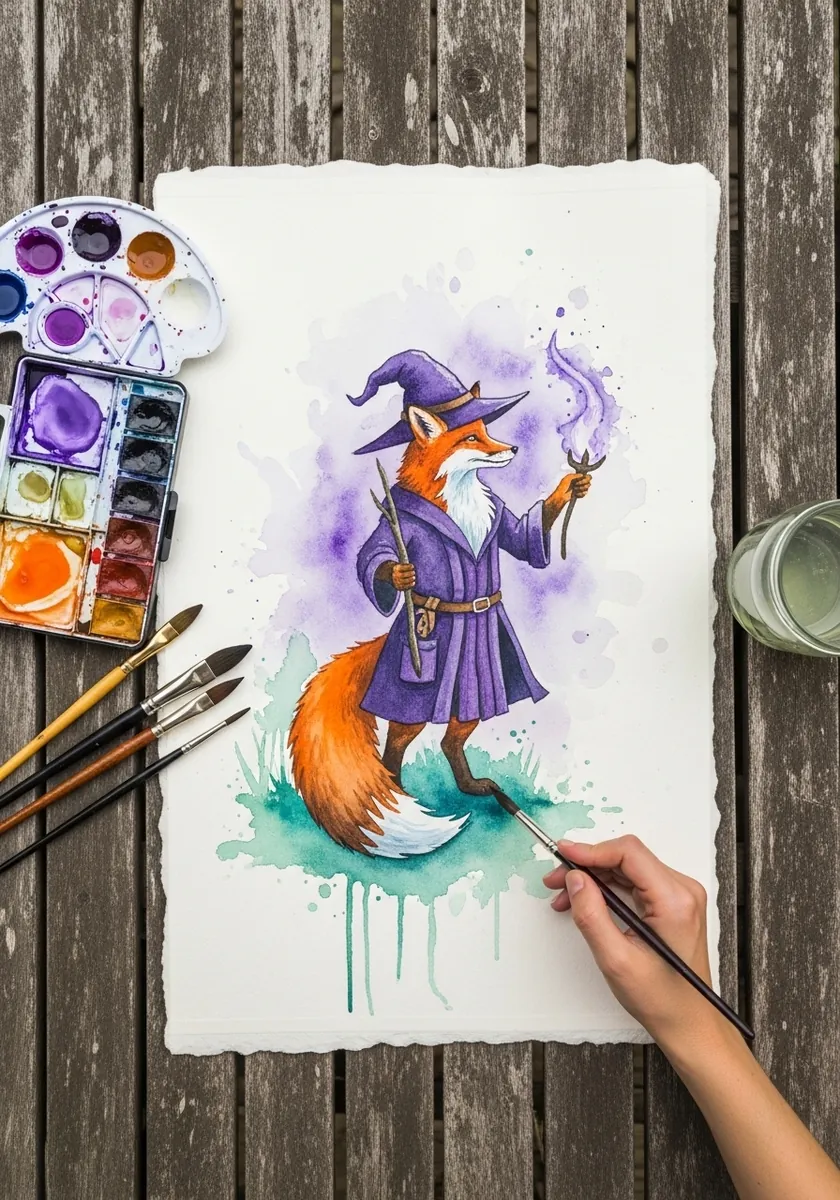 Watercolor fox in a purple wizard hat and robe holding a glowing staff