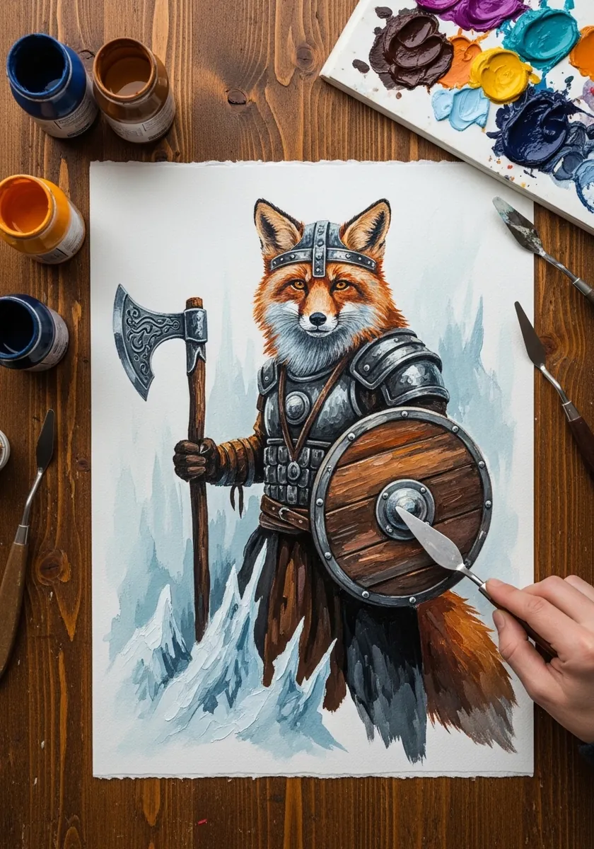 Fox warrior in Viking armor holding an axe and round wooden shield in snow