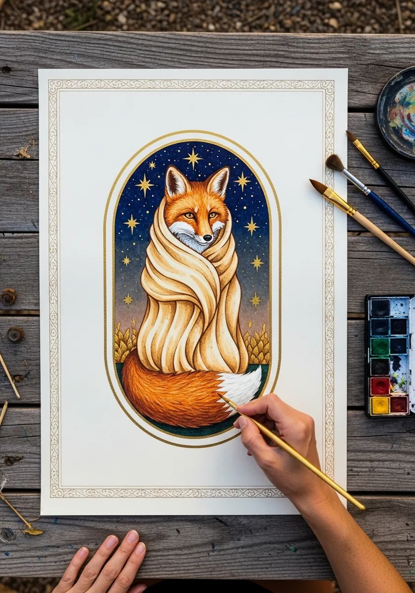 Ornate framed fox portrait with a starry background and decorative gold border