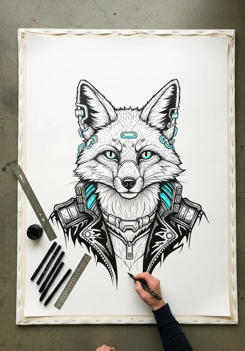 Fine ink fox head with cyan tech implants and a studded leather jacket