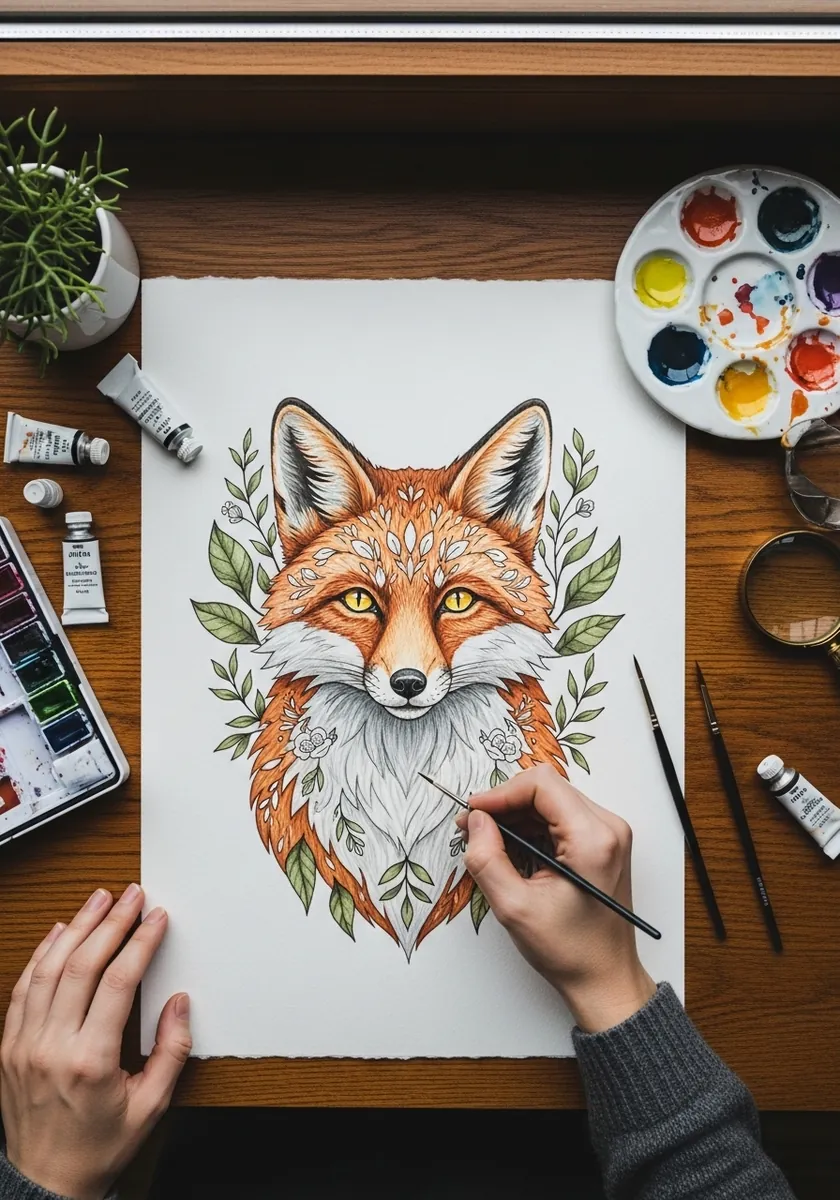 Detailed fox head framed by leaves and vines in warm orange and green