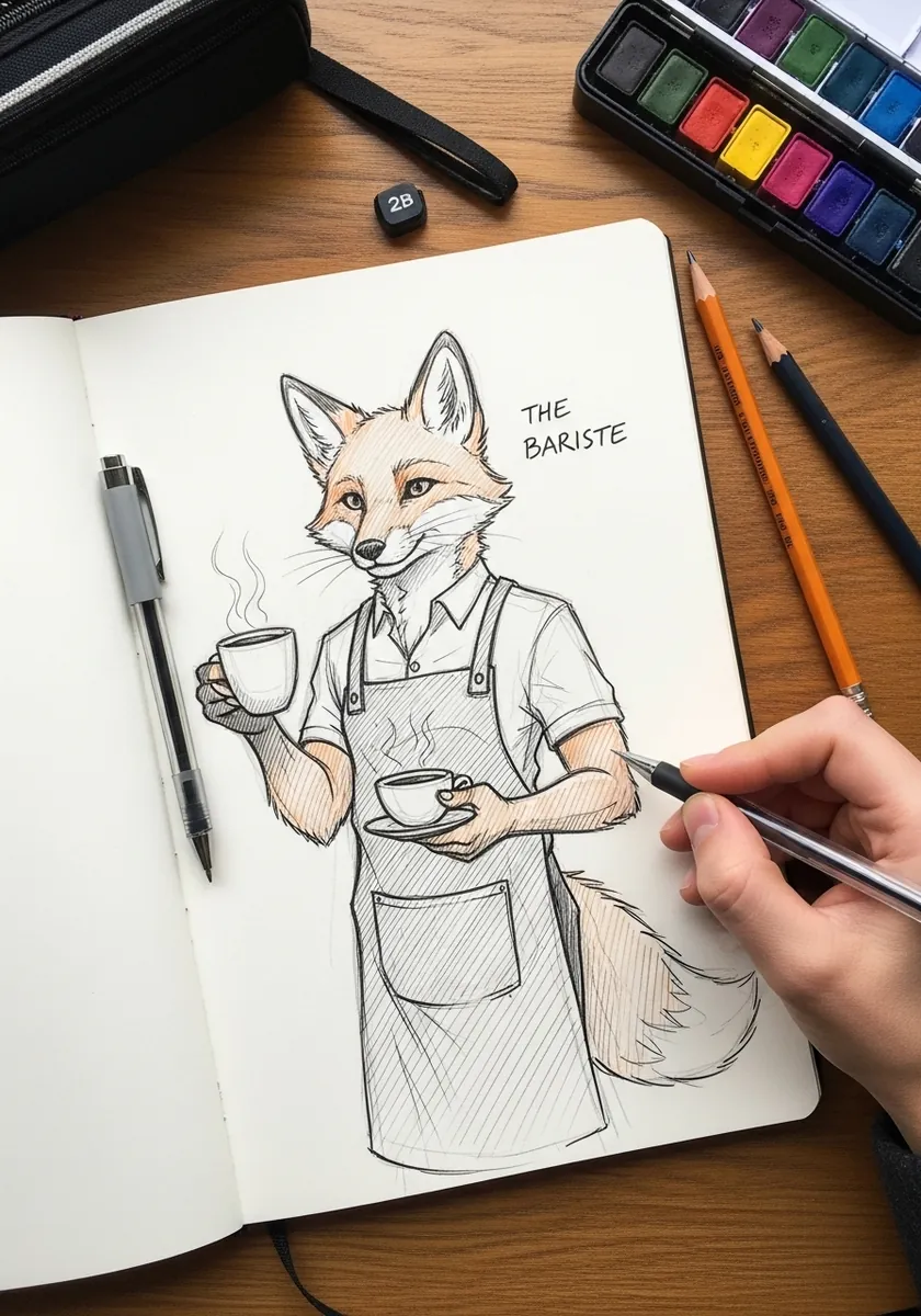 Loose pencil sketch of an anthropomorphic fox barista in an apron holding cups