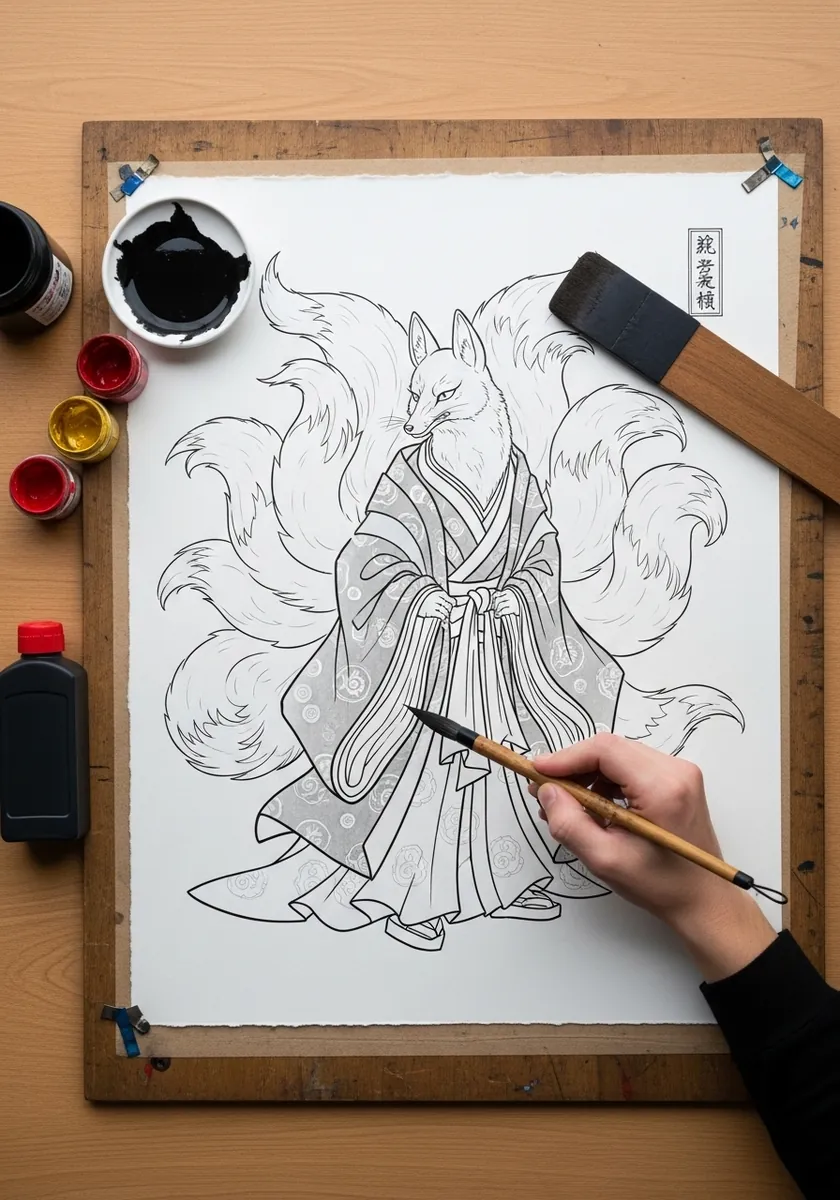 Clean line drawing of a nine tailed kitsune in flowing traditional robes