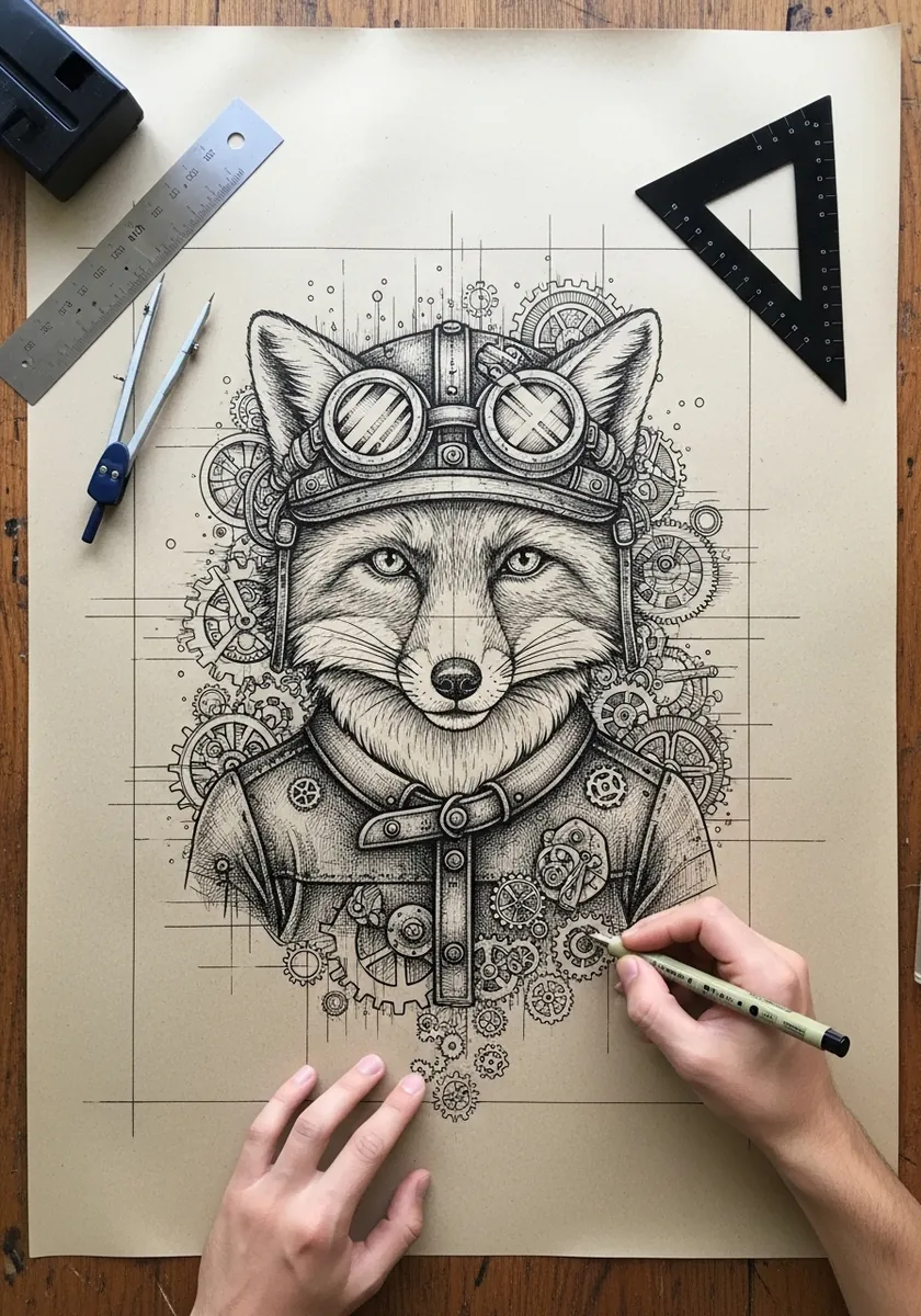 Fine ink steampunk fox in a leather flying cap with goggles and gears