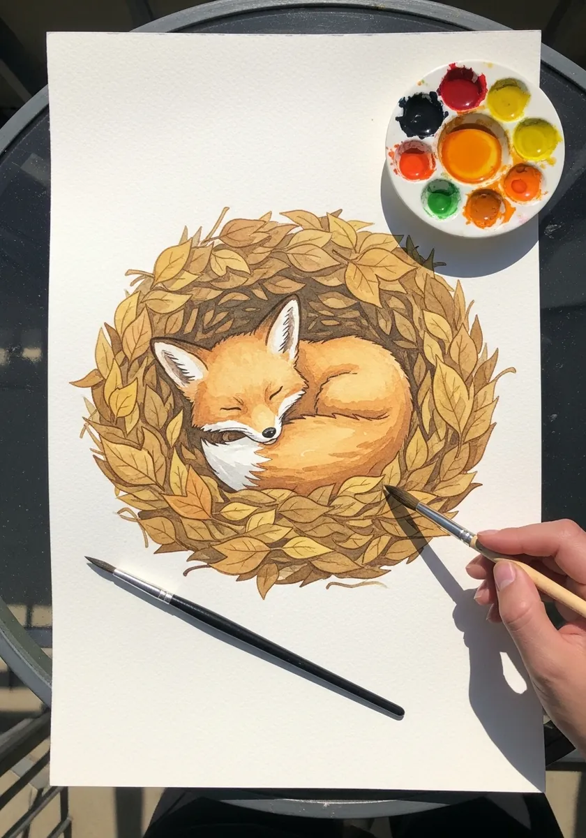 Warm colored pencil fox curled asleep in a circular nest of autumn leaves