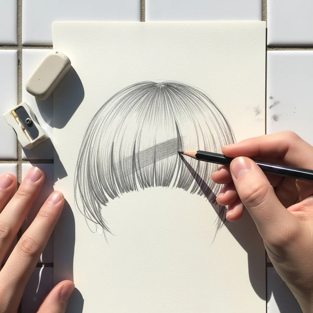 Beginner drawing a straight fringe falling across the forehead