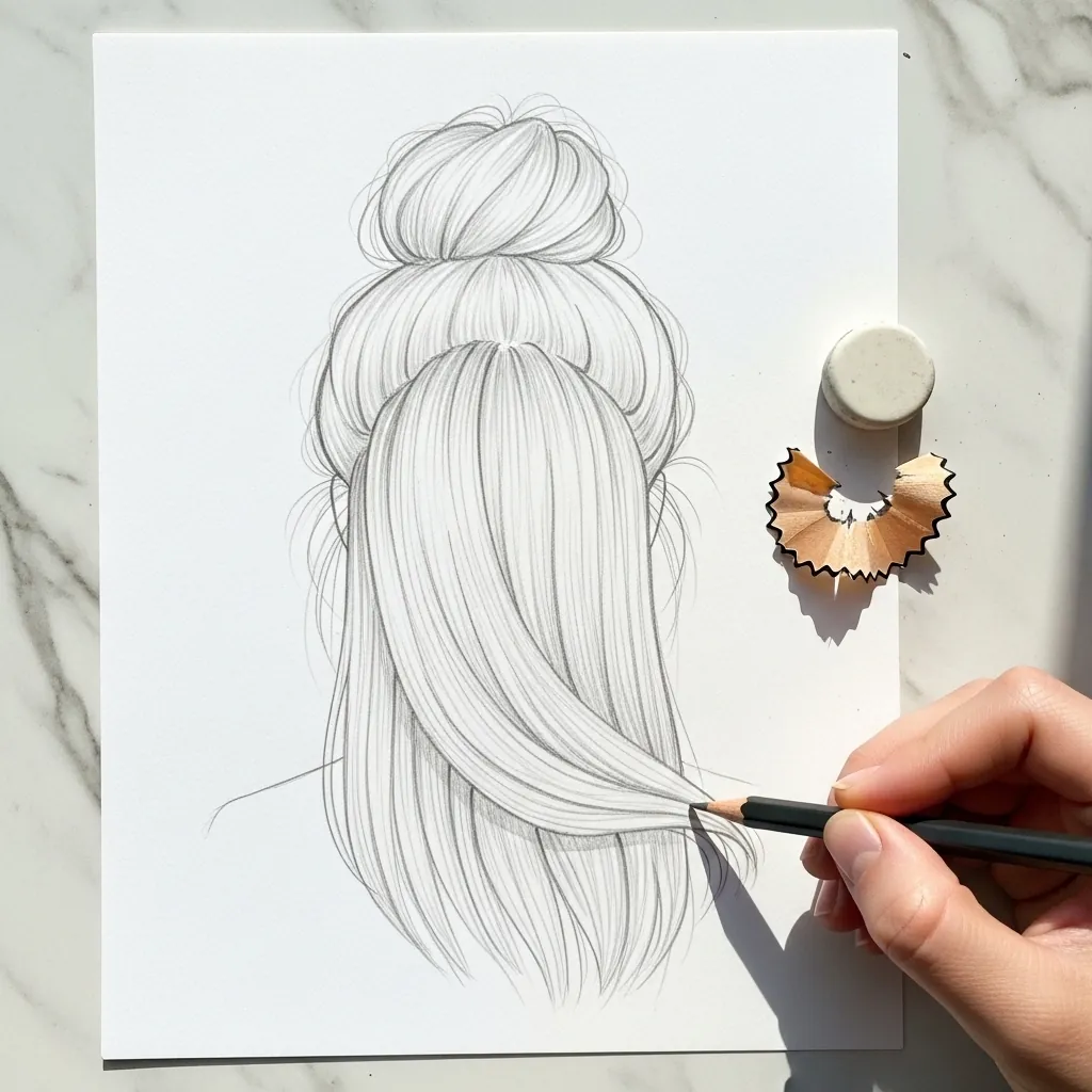 Beginner drawing a messy top knot with loose strands in pencil