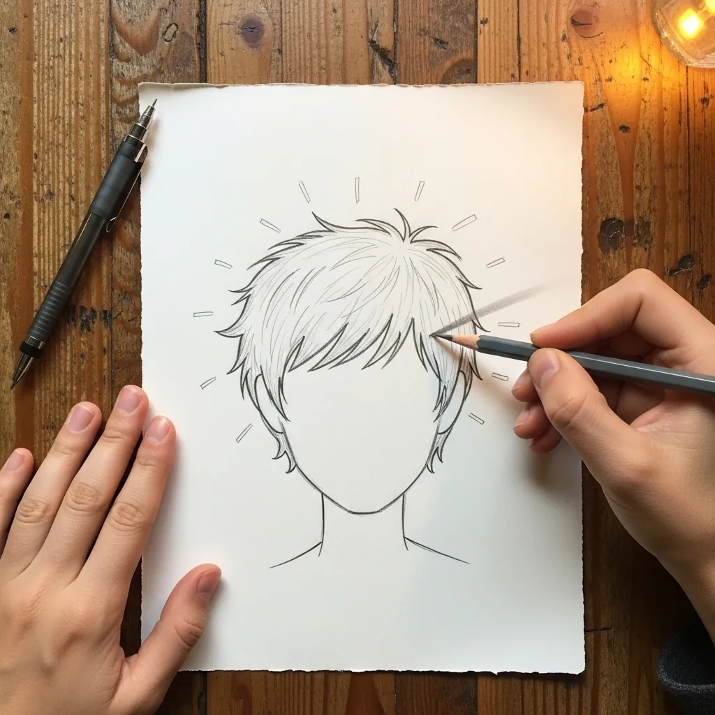 Beginner drawing short spiky hair on a simple face outline