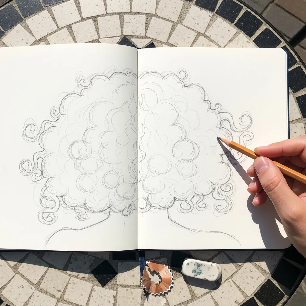 Beginner drawing a curly hair study across a sketchbook spread