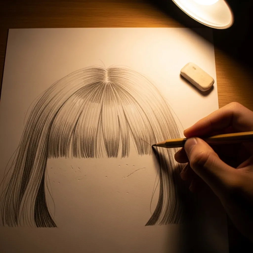 Beginner drawing a blunt bob with heavy graphite shading
