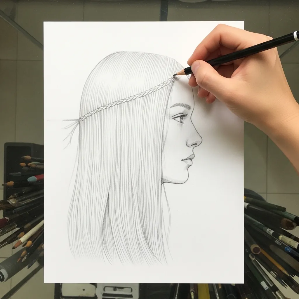 Beginner drawing long hair with a thin headband in profile