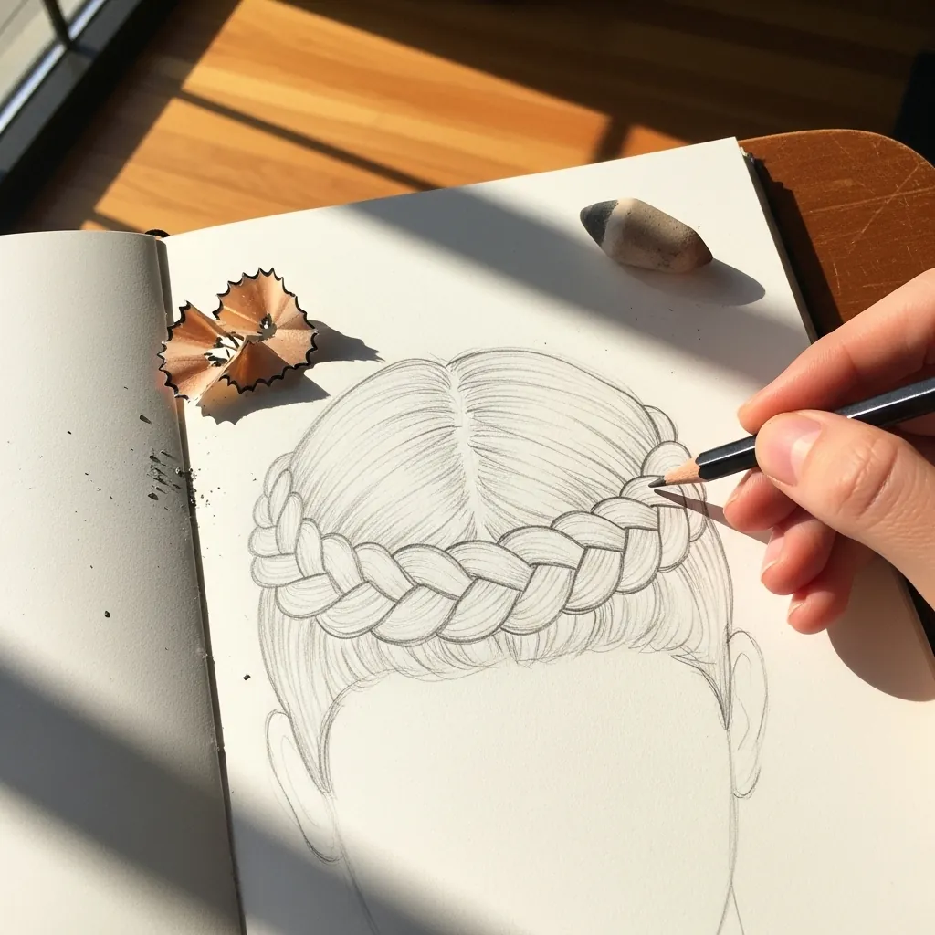 Beginner drawing a crown braid wrapping around the head