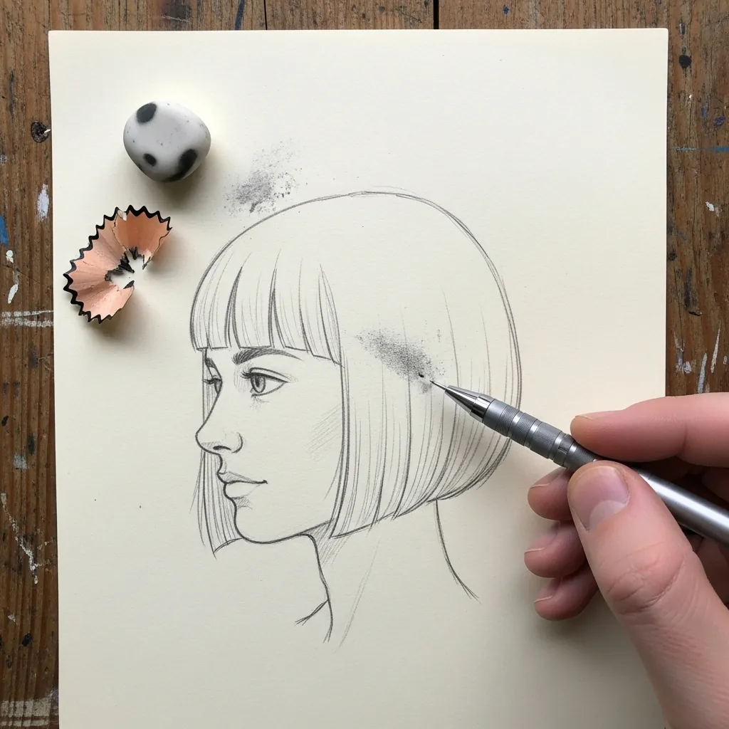 Beginner drawing a bob haircut with a fringe on a profile portrait