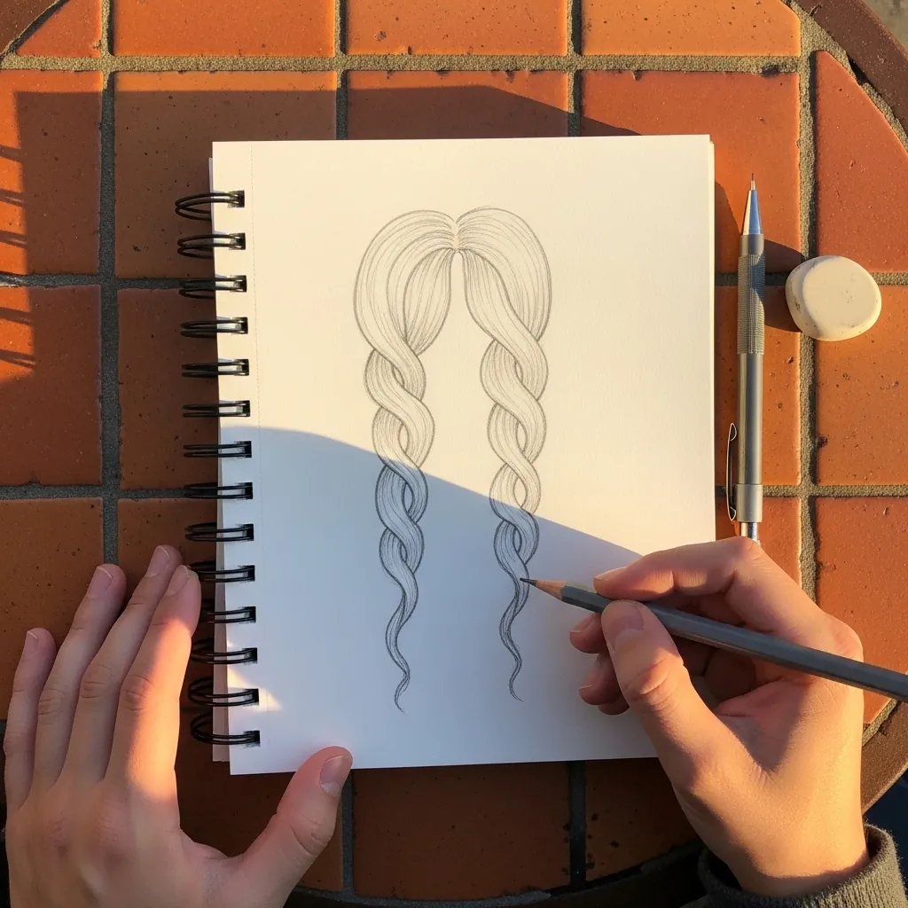 Beginner drawing two braids hanging on either side of the head