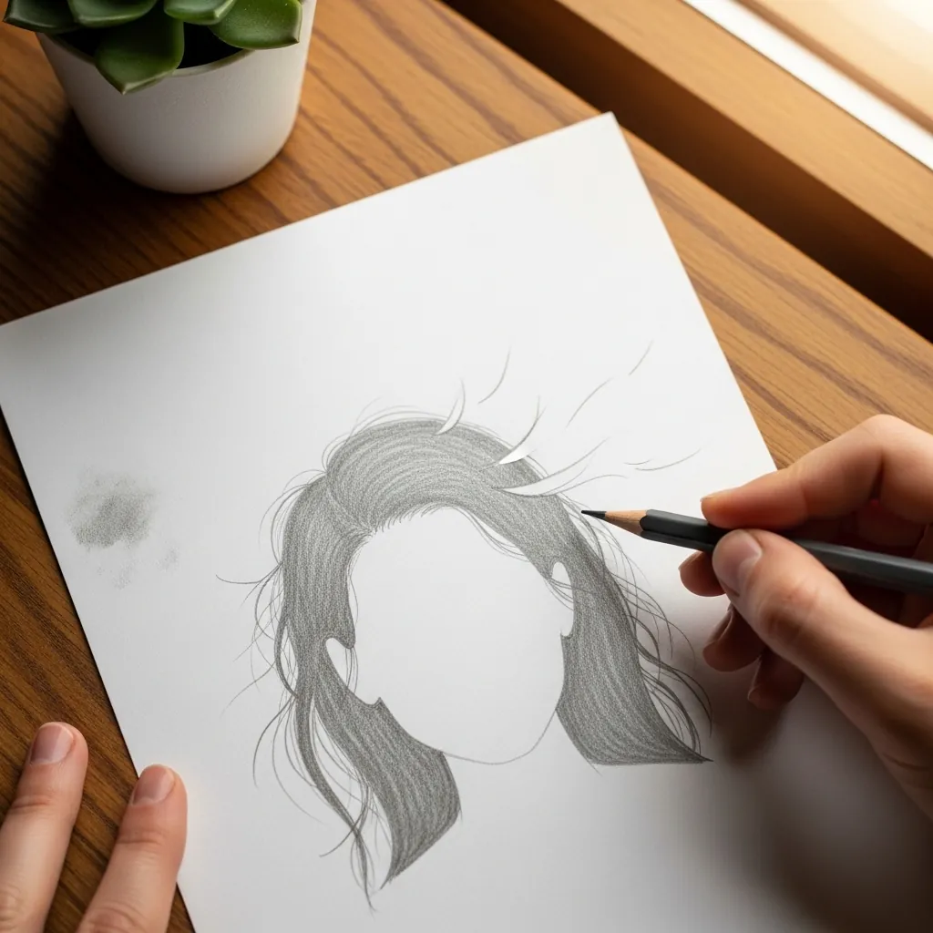 Beginner drawing hair blowing across a face in pencil