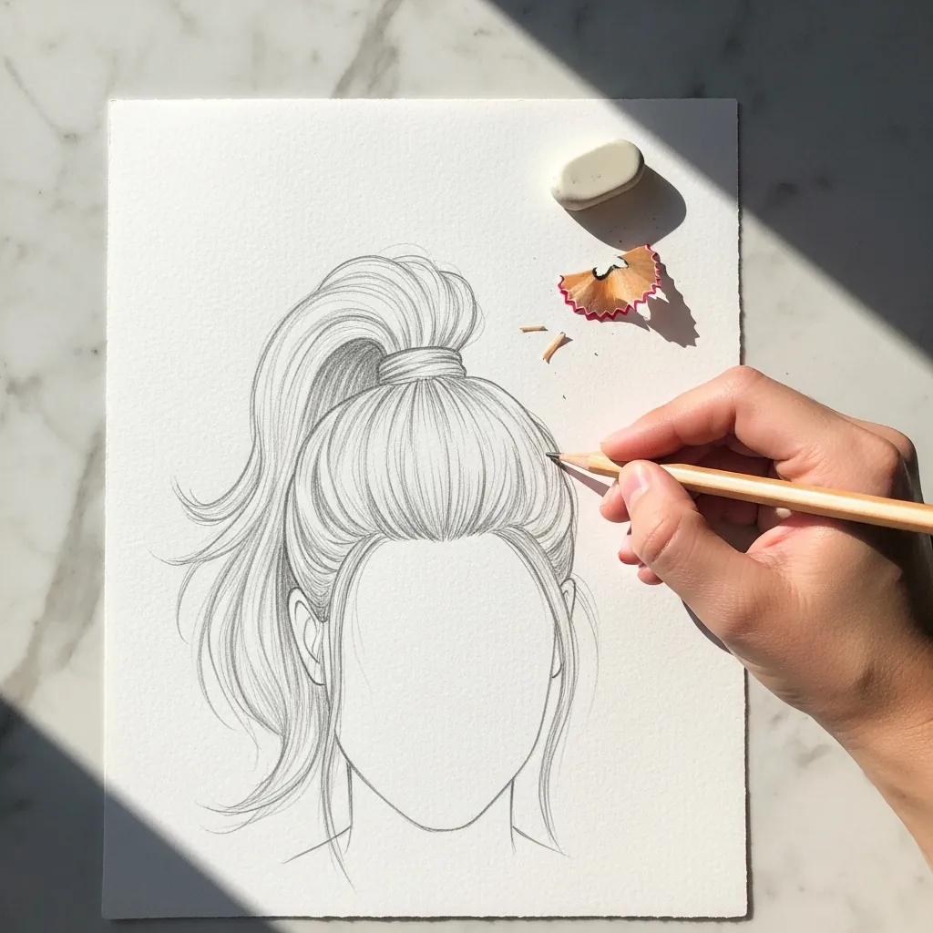 Beginner drawing a high bun with a soft fringe in pencil