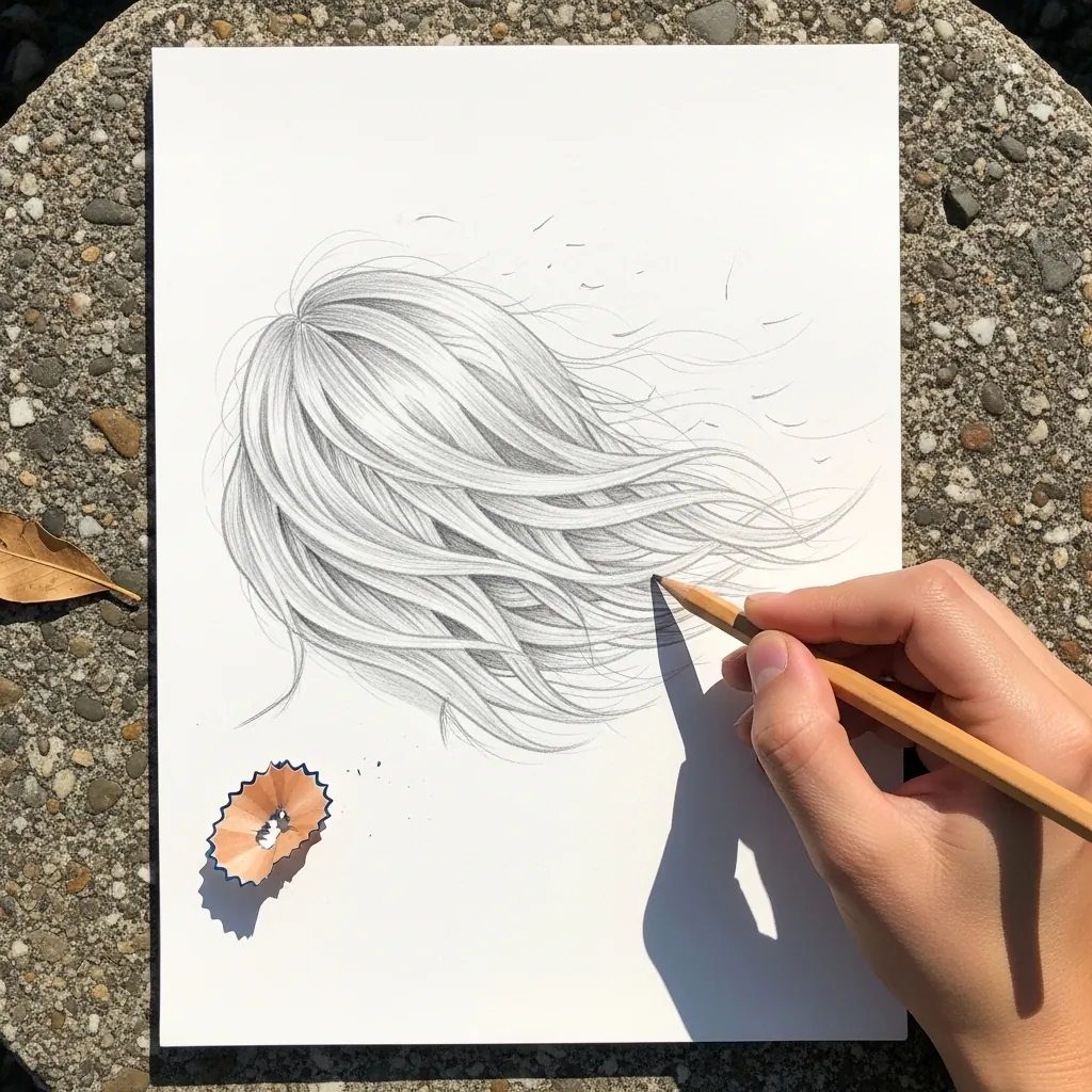Beginner drawing short hair blown by the wind in pencil