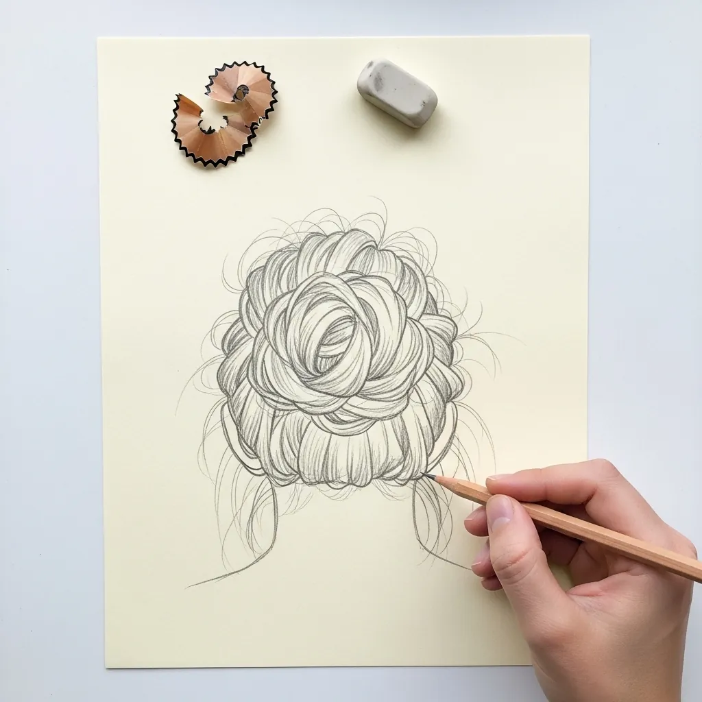 Beginner drawing a braided bun coiled into a rose shape