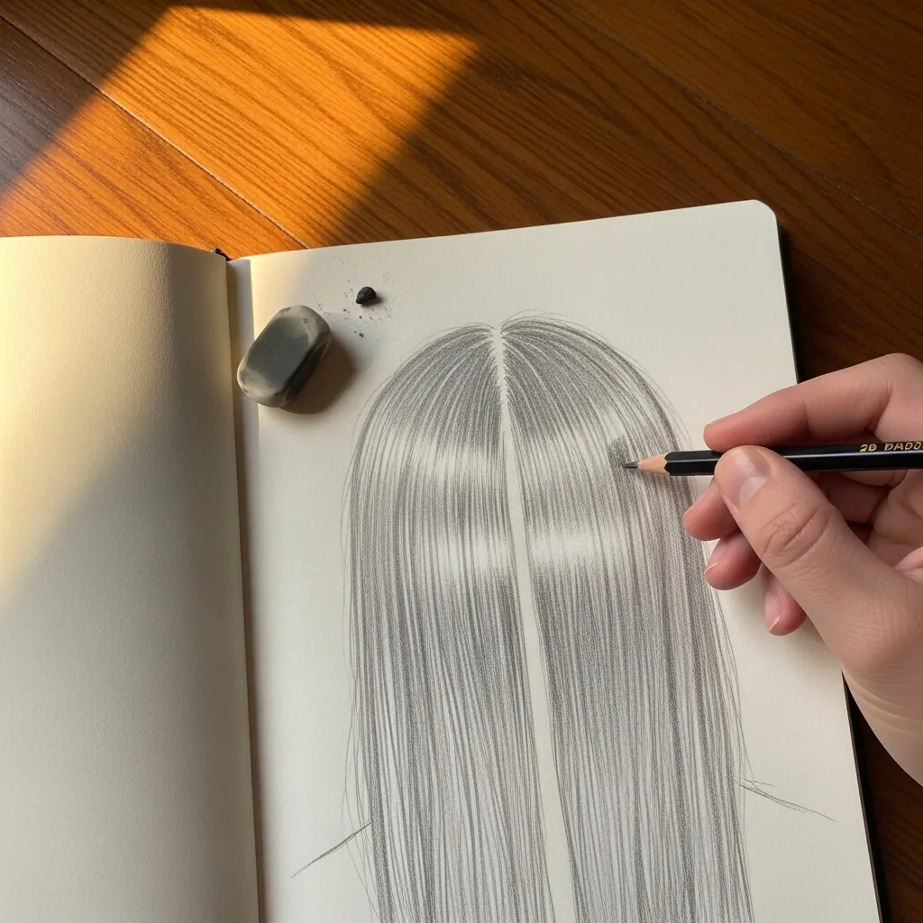 Beginner drawing long straight hair with a center parting