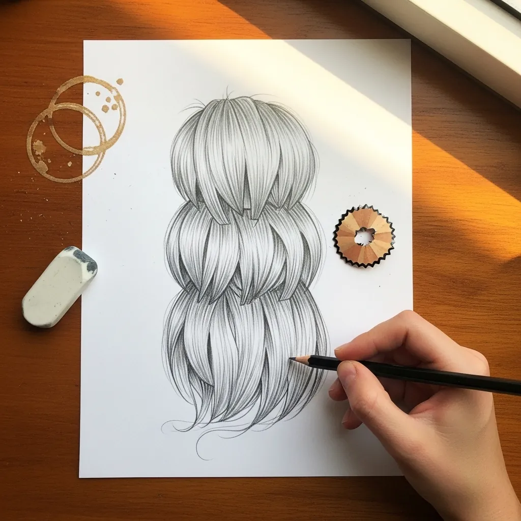 Beginner drawing a layered haircut with visible steps