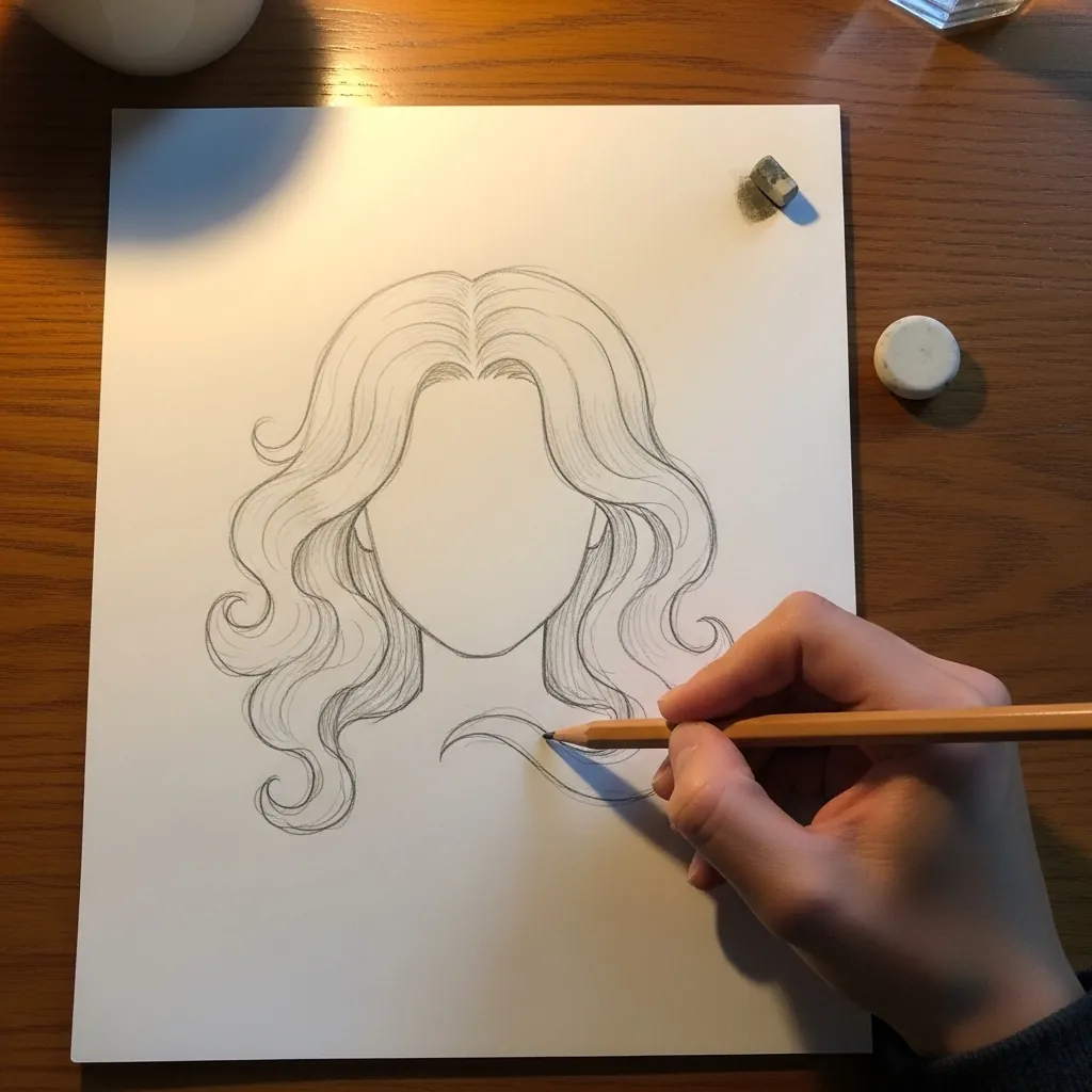 Beginner drawing loose shoulder length waves in pencil
