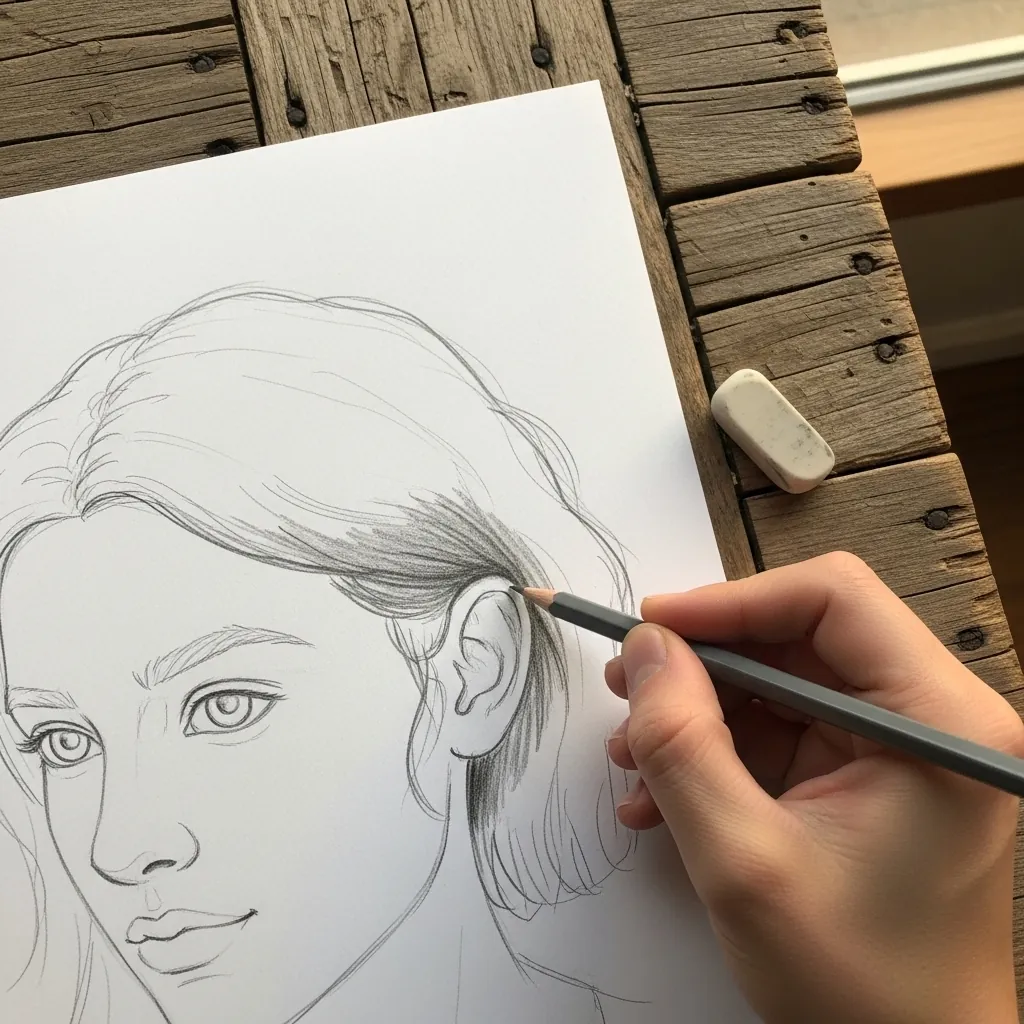 Beginner drawing hair tucked behind an ear on a portrait