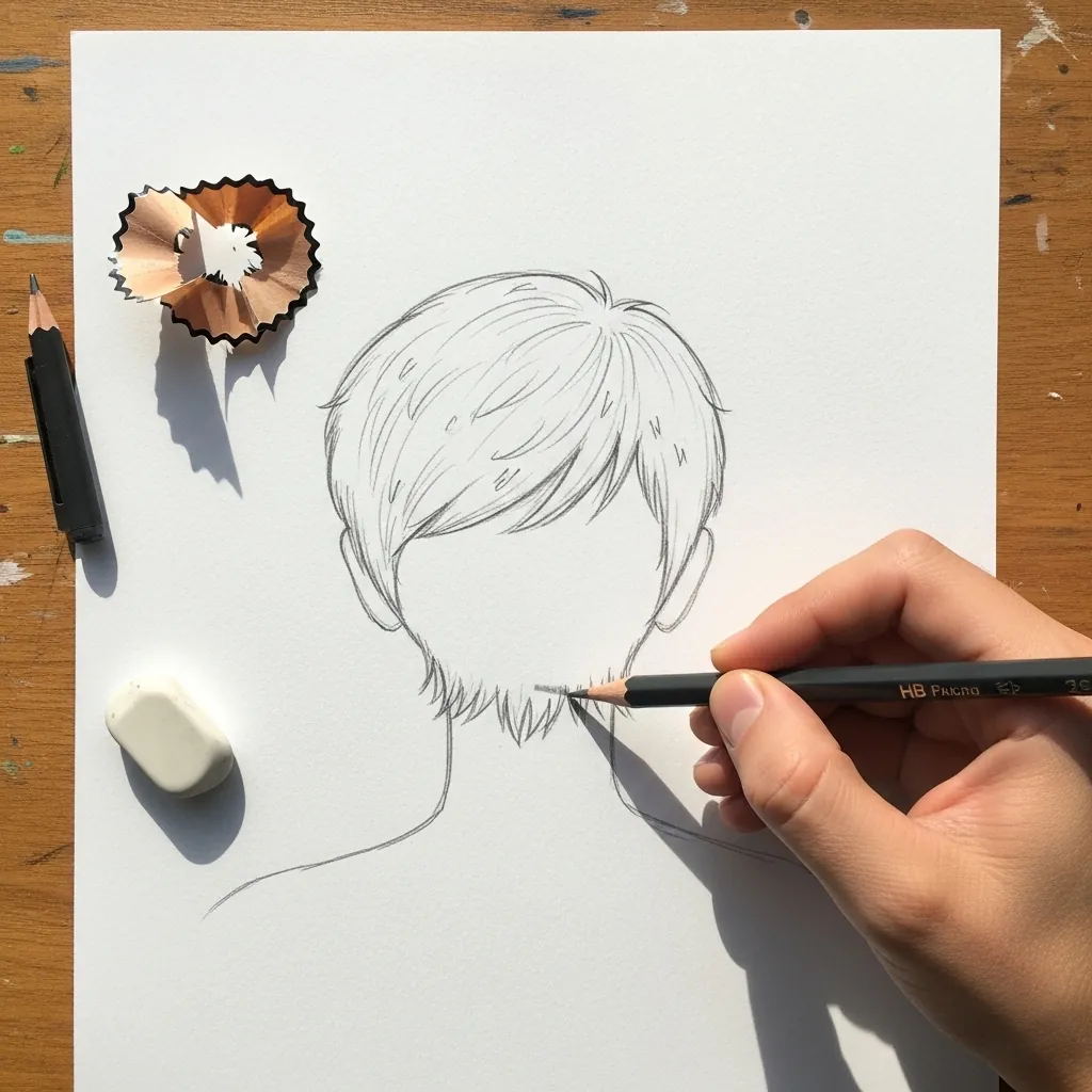 Beginner drawing a short boyish haircut on a simple head
