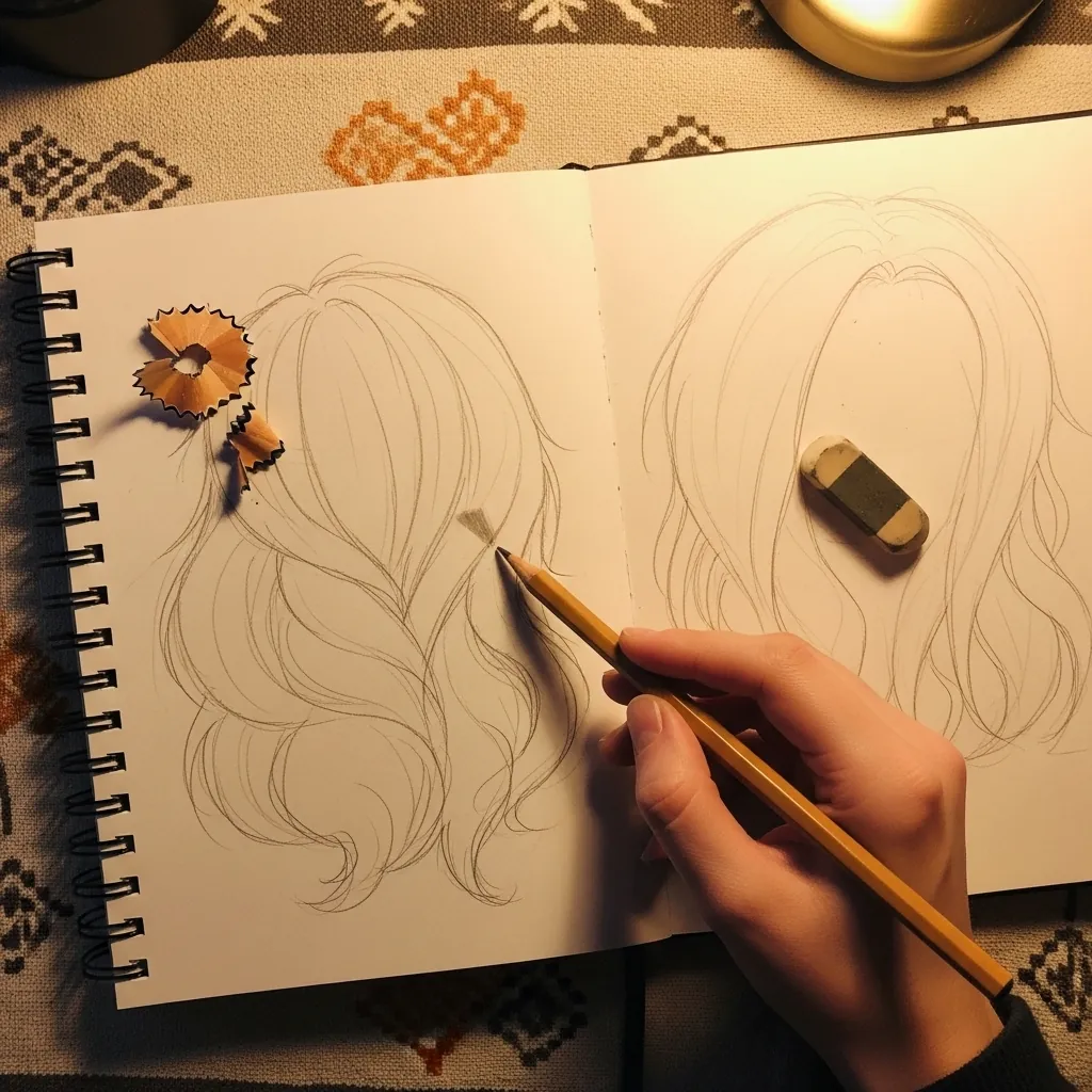 Beginner drawing a braid on warm toned sketchbook paper