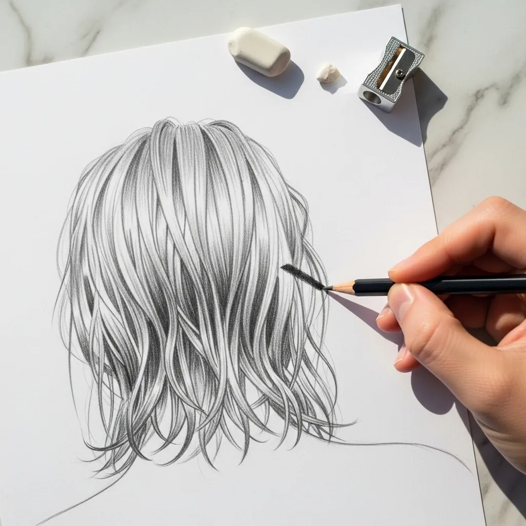 Beginner drawing a shaggy shoulder length layered cut