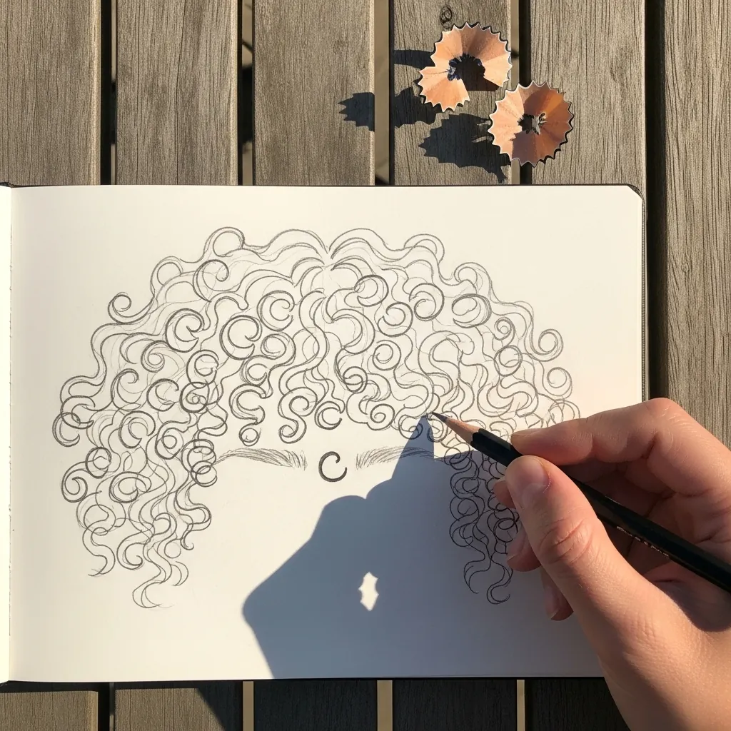 Beginner drawing a dense mass of curls filling the page
