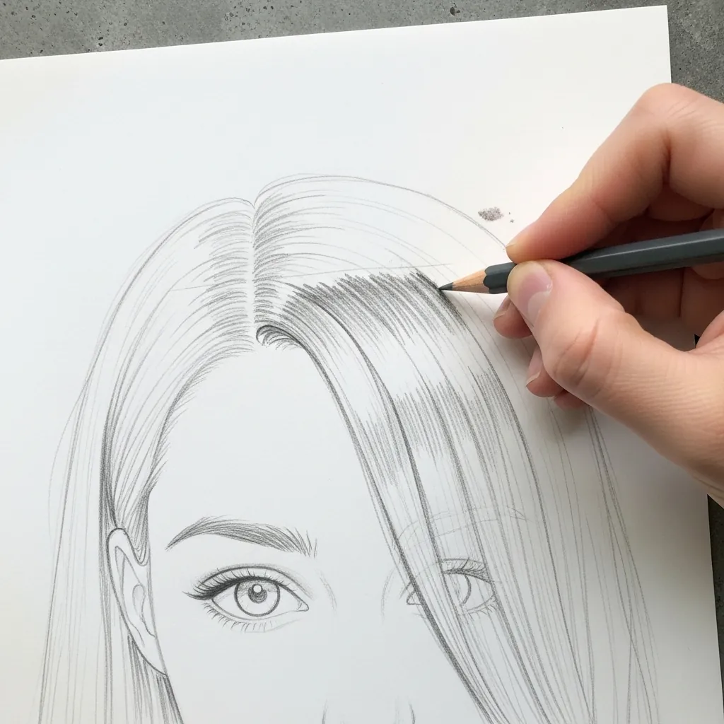 Beginner drawing long hair falling over one eye of a portrait
