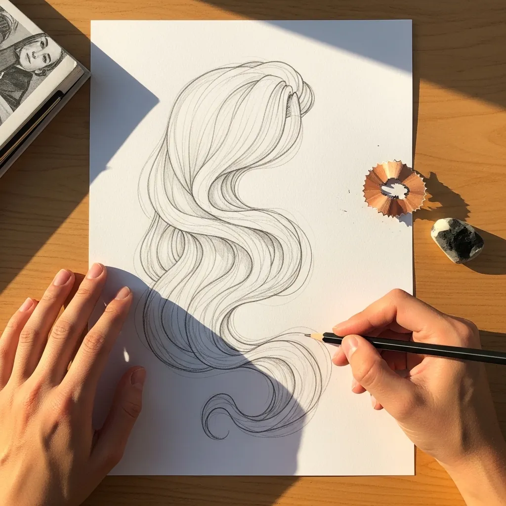 Beginner drawing one long flowing wave down the side of the head