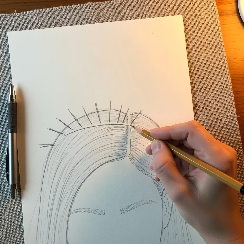 Beginner drawing a fringe sitting just above drawn eyelashes