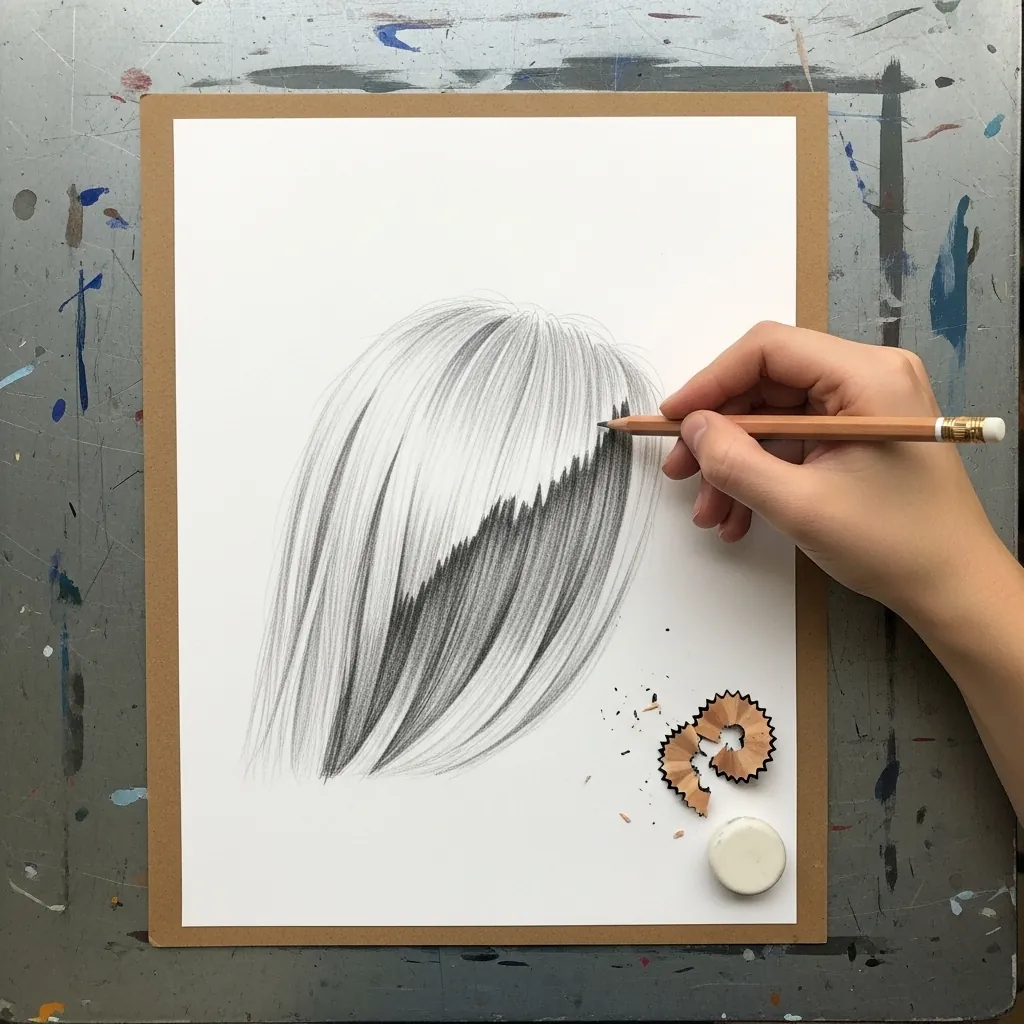 Beginner drawing a heavy side swept fringe with strong shading