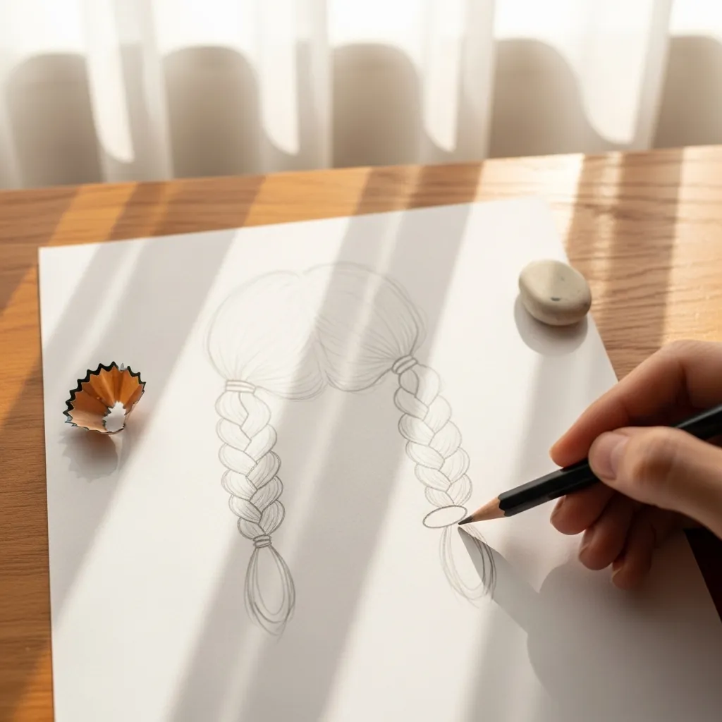 Beginner drawing faint guide lines for two braids before detailing