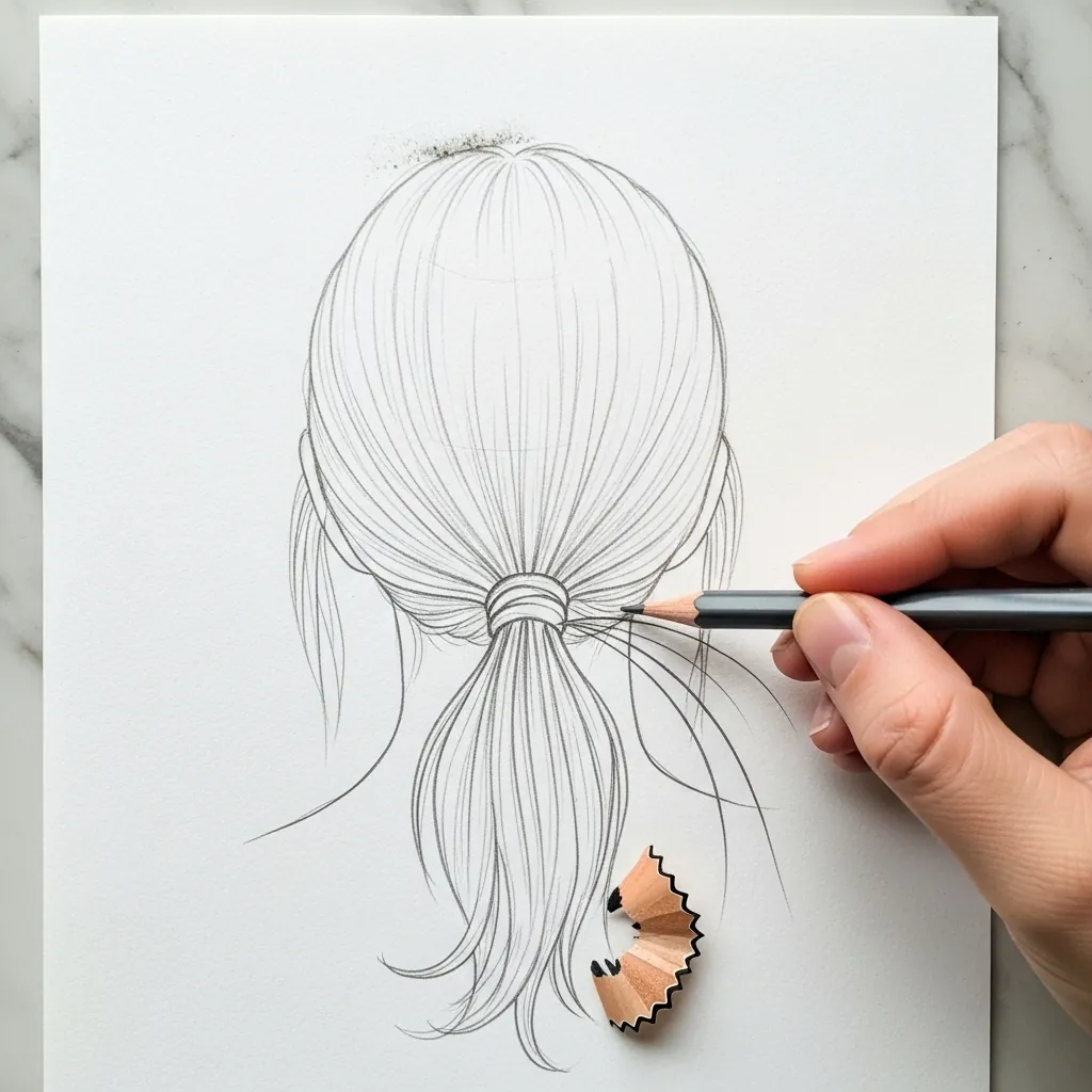 Beginner drawing a low ponytail seen from behind in pencil