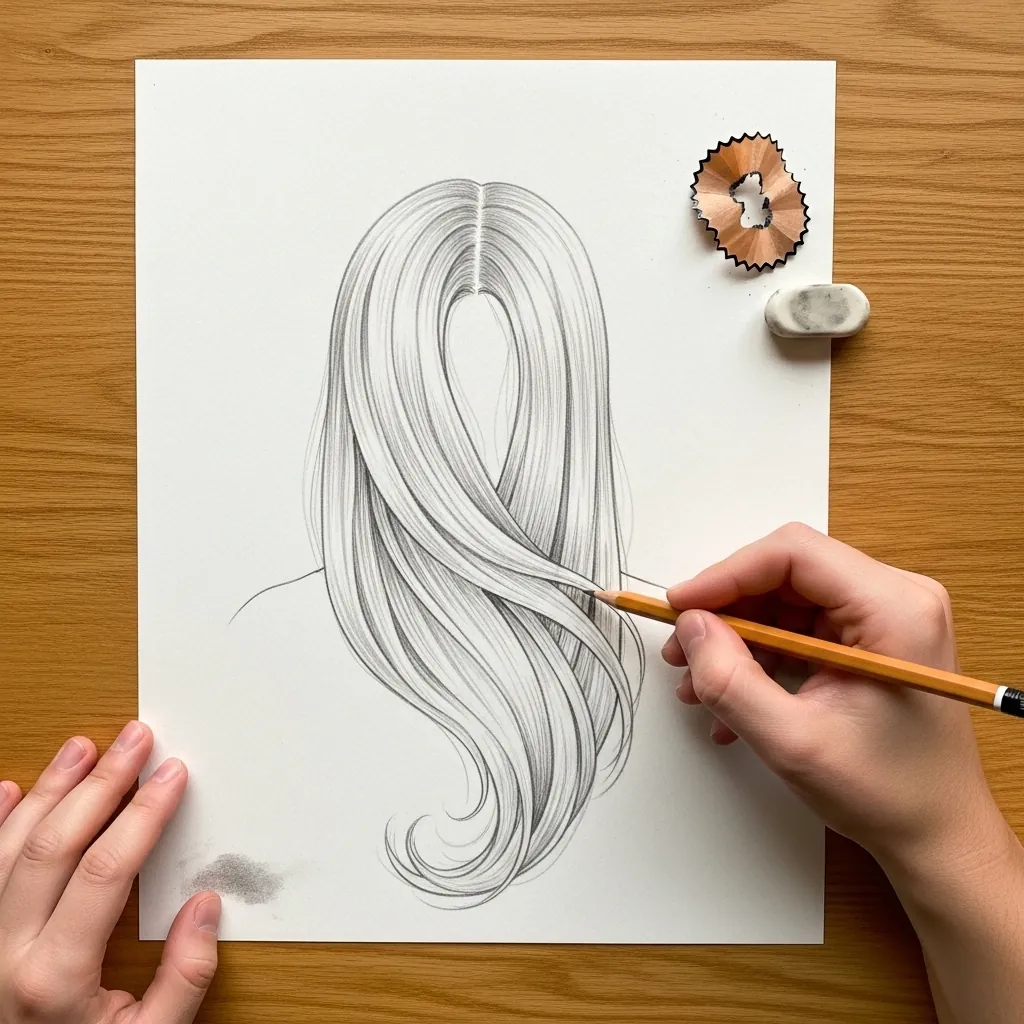 Beginner drawing long hair swept forward over one shoulder