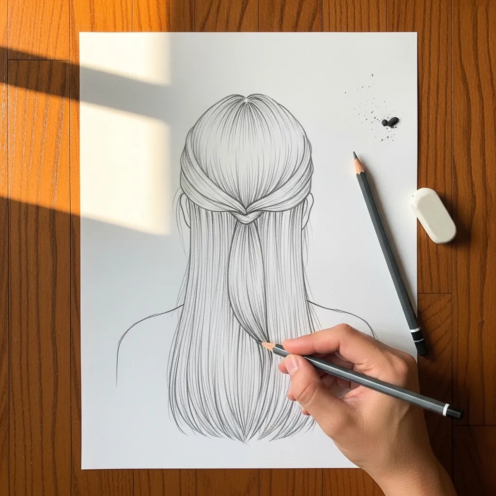 Beginner drawing a half up hairstyle with a fringe in pencil