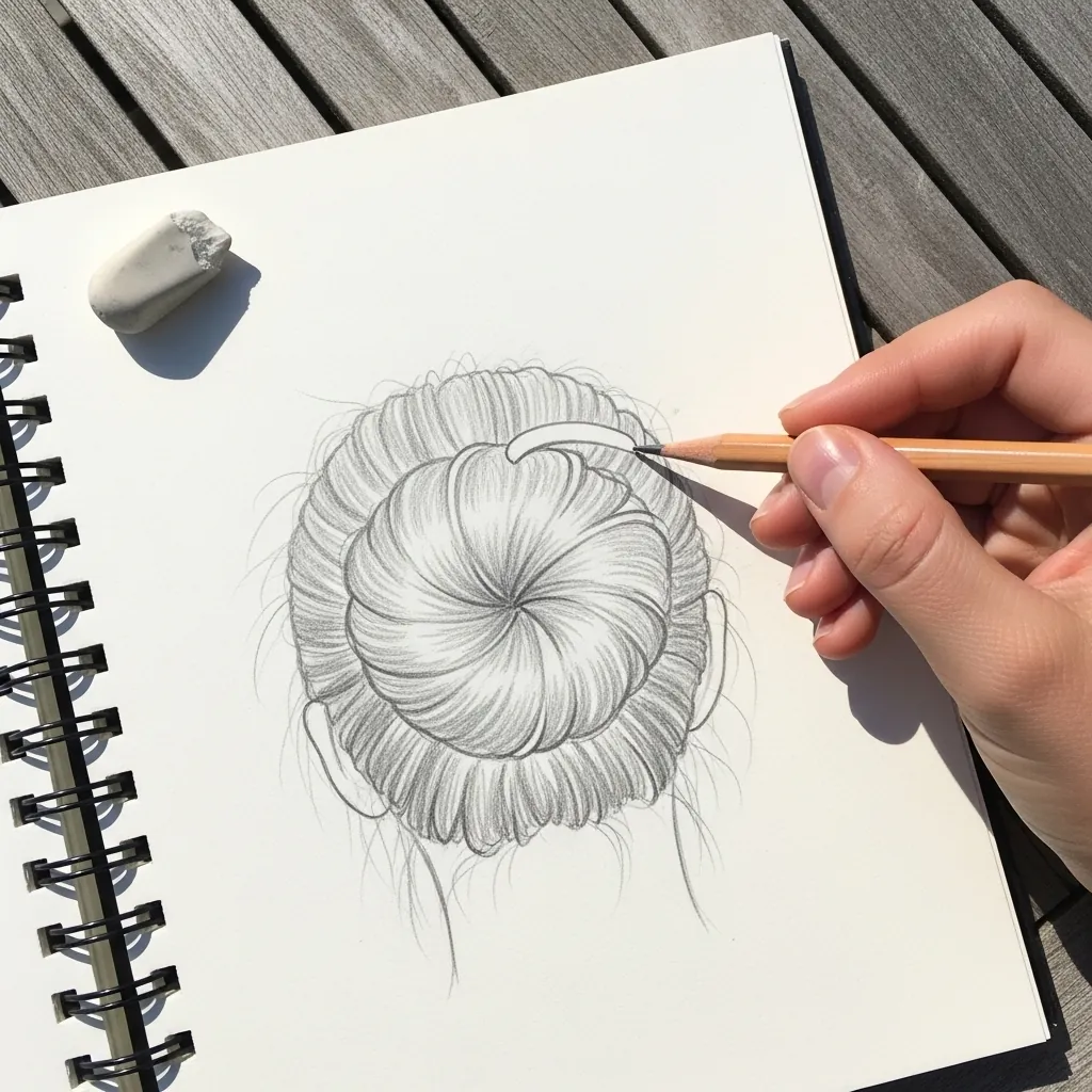 Beginner drawing a neat spiral bun from above in a sketchbook
