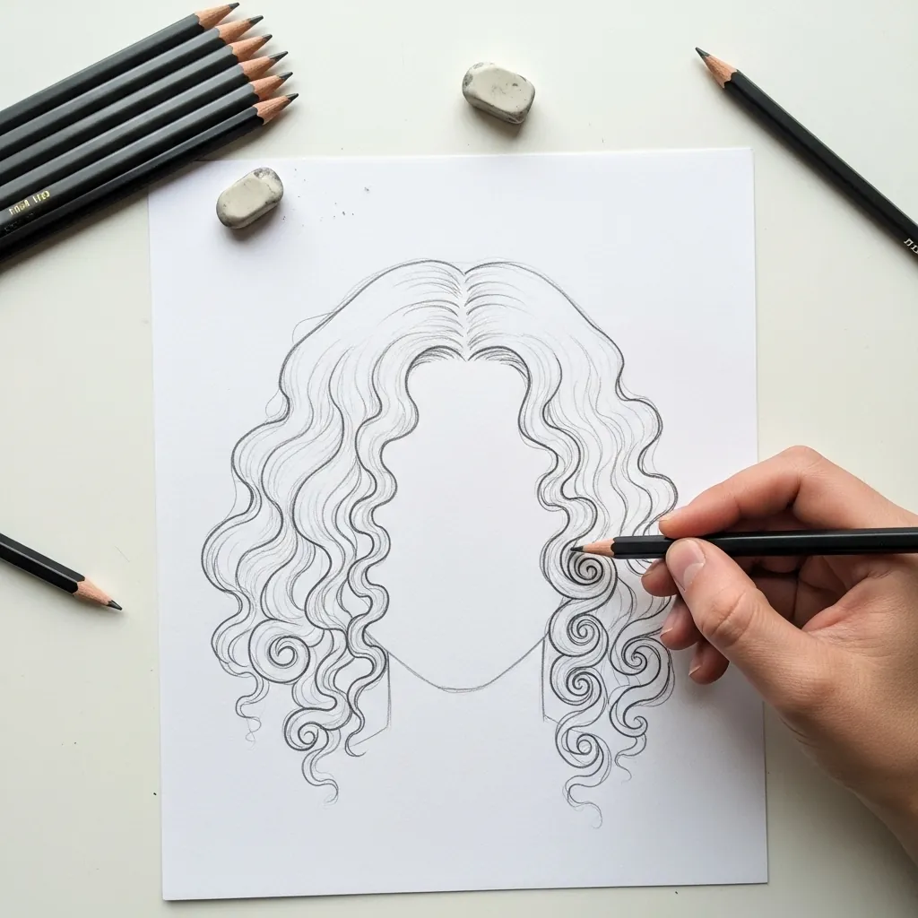 Beginner drawing tight corkscrew curls on both sides of a face